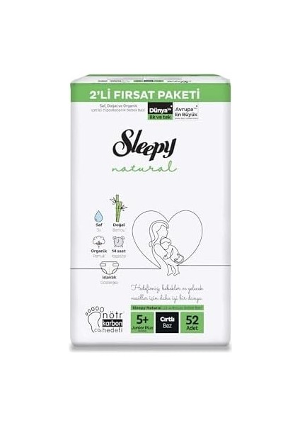 Sleepy Natural 2'li Fırsat Paketi Bebek Bezi 5+ Numara Junior Plus 52 Adet