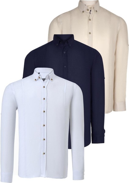 Üçlü Set G721 Dewberry Erkek Gömlek-Lacivert-Beyaz-Bej