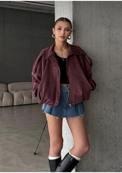 Oversıze Kadın Süet Ceket Trend Bomber Süet Ceket