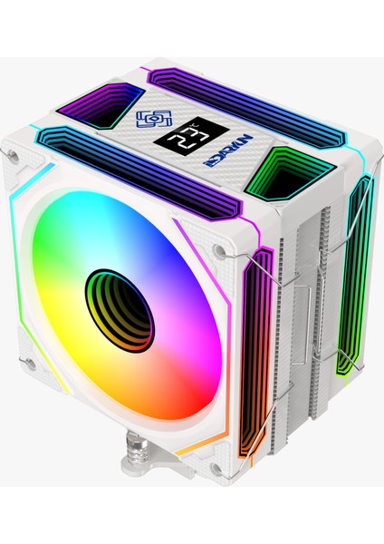 DY-500X Beyaz Isı Göstergeli Ful Argb 2x Fan 6 Bakır Borulu Kule Tipi Hava Soğutucu Işlemci Fanı