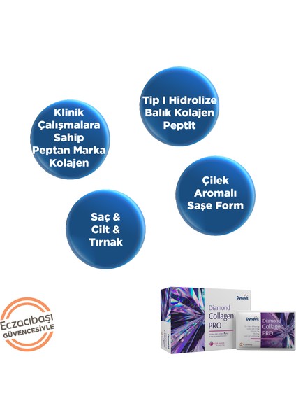 Dynavıt Diamond Collagen PRO 30 Saşe - Saç&Cilt&Tırnak - Hidrolize Peptit Tip 1 Balık Kolajeni, Hyaluronik Asit, Biotin, Sahil Çamı Ekstresi fiyatları