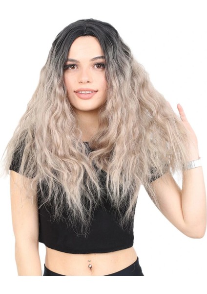 Kabarık Dalgalı Uzun Fiber Sentetik Peruk - Siyah / Küllü Bebek Sarı Ombreli