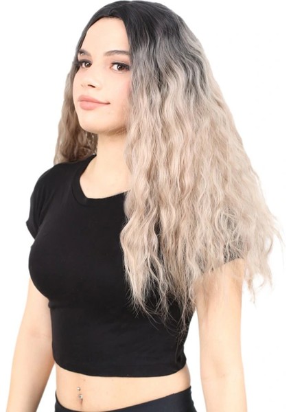 Kabarık Dalgalı Uzun Fiber Sentetik Peruk - Siyah / Küllü Bebek Sarı Ombreli modelleri