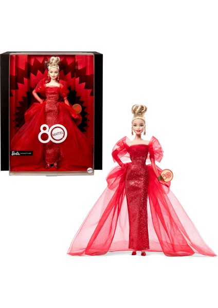 Kırmızı Tül, Damla Küpeleri ve Tül Eldivenleri ile Sarı Saçlı Signature Bebek, Uygun 80. Yıl Dönümü Bebeği, JBJ17