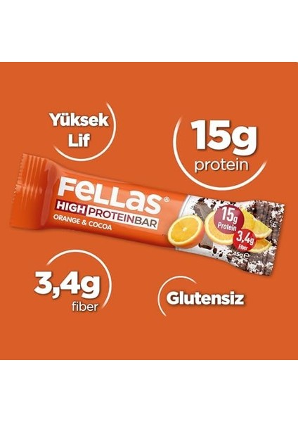 Fellas Yüksek Protein Bar Portakal & Kakao 45 gr x 12 Adet modelleri