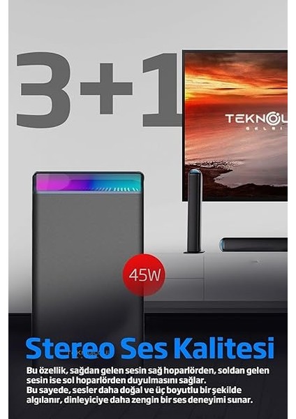 3+1 Soundbar Ev Sinema Sistemi Stereo Hd Ses Kalitesi Rgb Kablolu 45W Amfi 15WX3 Soundbar fiyatları