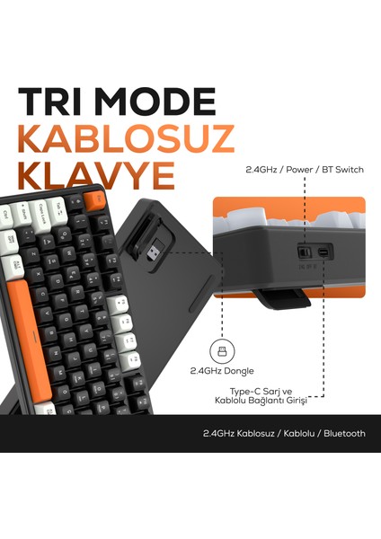 HK258 Membrane LCD Rgb Kablosuz/bluetooth Siyah Turuncu Full Türkçe Gaming Klavye modelleri