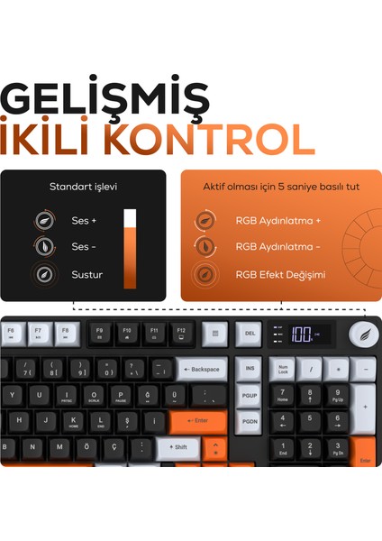 HK258 Membrane LCD Rgb Kablosuz/bluetooth Siyah Turuncu Full Türkçe Gaming Klavye fırsatları
