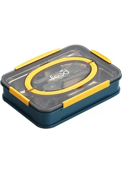 Bento 1000ML Lunchbox Tek Kat 4 Bölme Çelik Sefer Tası Yemek Kutusu (Lacivert-Sarı)