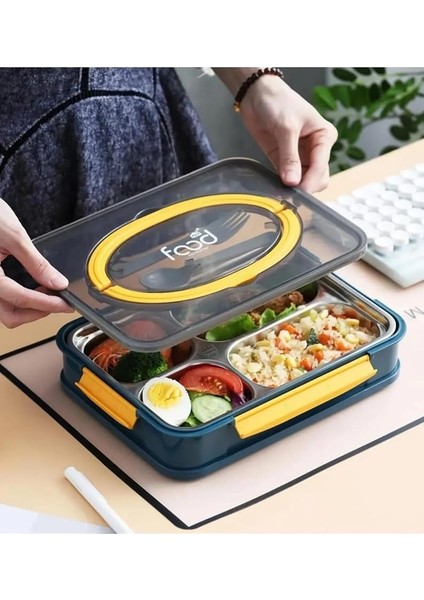 Bento 1000ML Lunchbox Tek Kat 4 Bölme Çelik Sefer Tası Yemek Kutusu (Lacivert-Sarı) fırsatları
