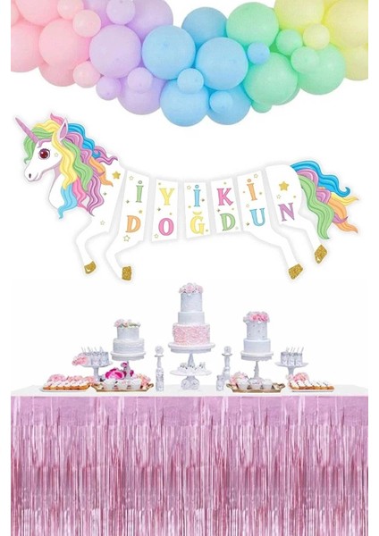 Çok Renkli Unicorn Happy Birthday Banner