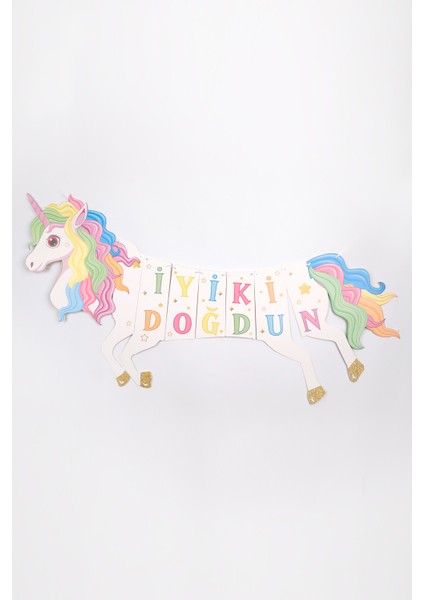 Çok Renkli Unicorn Happy Birthday Banner