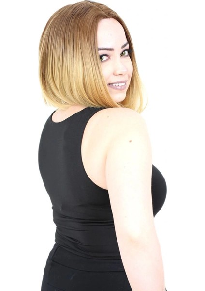 Kahkülsüz Düz Kısa Fiber Sentetik Peruk - Kumral / Sarı Ombreli fiyatları