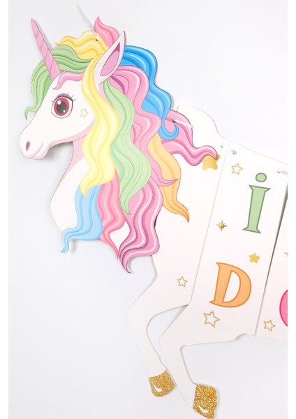 Çok Renkli Unicorn Happy Birthday Banner
