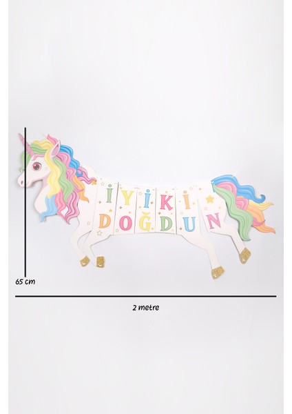 Çok Renkli Unicorn Happy Birthday Banner