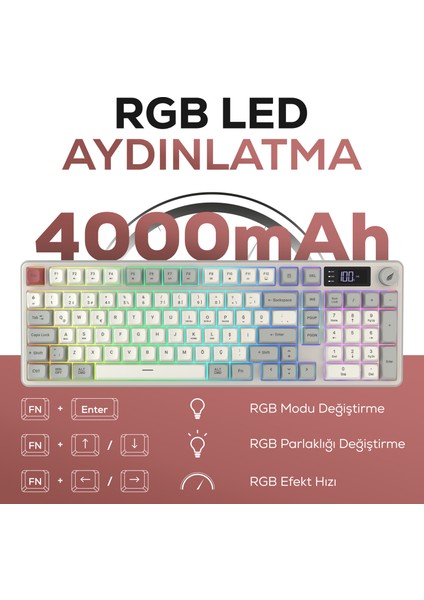 HK258 Membrane LCD Rgb Kablosuz/bluetooth Kırmızı Haki Full Türkçe Gaming Klavye fiyatları