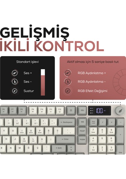 HK258 Membrane LCD Rgb Kablosuz/bluetooth Kırmızı Haki Full Türkçe Gaming Klavye fırsatları