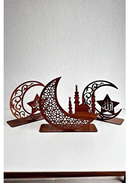 Ahşap Masaüstü Dekor Seti Ceviz Renkli 3 Adet Lazer Kesim Modern Tasarım fırsatları