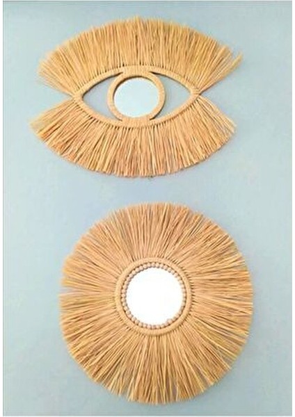 Rafya Ayna Göz 2li Set El Yapımı Doğal Renkli Duvar Aksesuarı Zarif Tasarım fırsatları