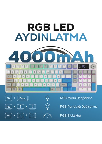 HK258 Membrane LCD Rgb Kablosuz/bluetooth Beyaz Mavi Full Türkçe Gaming Klavye fiyatları
