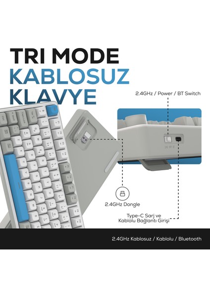 HK258 Membrane LCD Rgb Kablosuz/bluetooth Beyaz Mavi Full Türkçe Gaming Klavye modelleri