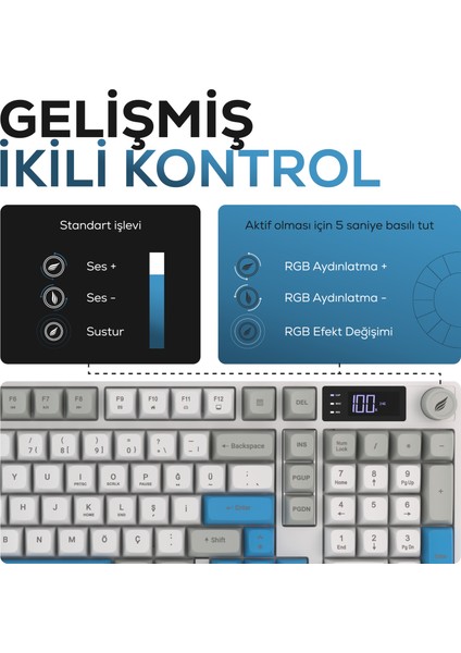 HK258 Membrane LCD Rgb Kablosuz/bluetooth Beyaz Mavi Full Türkçe Gaming Klavye fırsatları