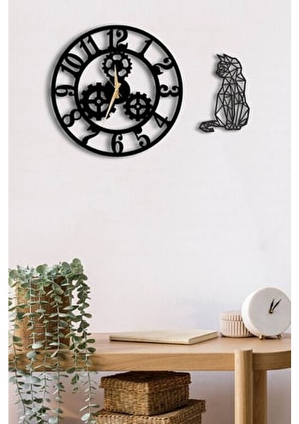 Dekoratif Duvar Saati Ahşap Siyah Yuvarlak Modern Tasarım 50 cm