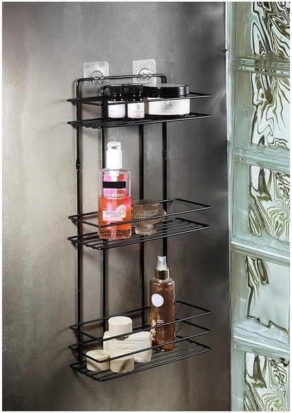 Haus Ömür Boyu Paslanmaz Yapışkanlı Metal Termo Plastik Banyo Düzenleyici Şampuanlık Duş Rafı Siyah Tş-03