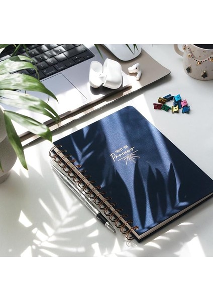 A5 Spiralli Sert Kapak Keten Kareli Tarihsiz Not Defteri Lacivert