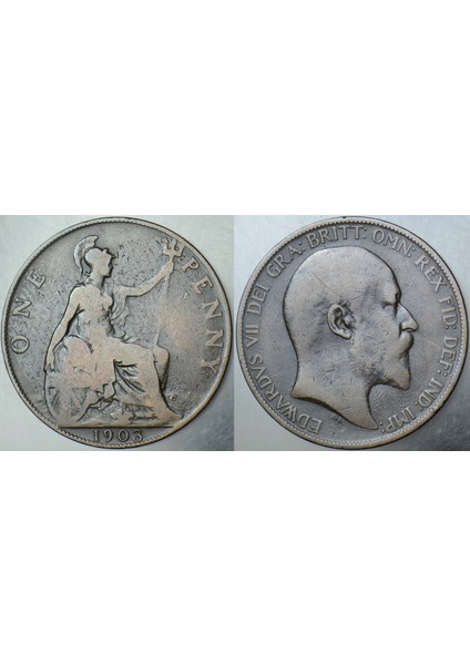 Birleşik Krallık 1 Penny 1903. Kral 7. Edward Dönemi. 31 mm Ingiltere One Penny.