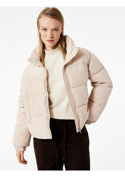 Cepli Dik Yaka Uzun Kollu Fermuarlı Fitilli Kadife Şişme Mont fiyatları