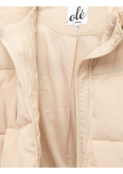 Cepli Dik Yaka Uzun Kollu Fermuarlı Fitilli Kadife Şişme Mont