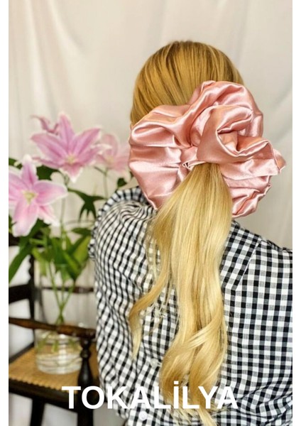 Kadın Lastikli Saten Oversize Xxl [çapı 20CM] Scrunchie Simit Toka