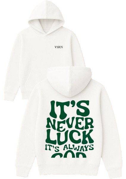Its Never Luck Tasarım Baskılı Oversize Beyaz Kapüşonlu Sweatshirt