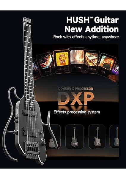 Hush x Pro Elektro Gitar Kiti, Düzinelerce Önceden Ayarlanmış Kombinasyonlu Akıllı Seyahat Gitarı, 7 Ton Sim Seçeneği, Siyah fiyatları