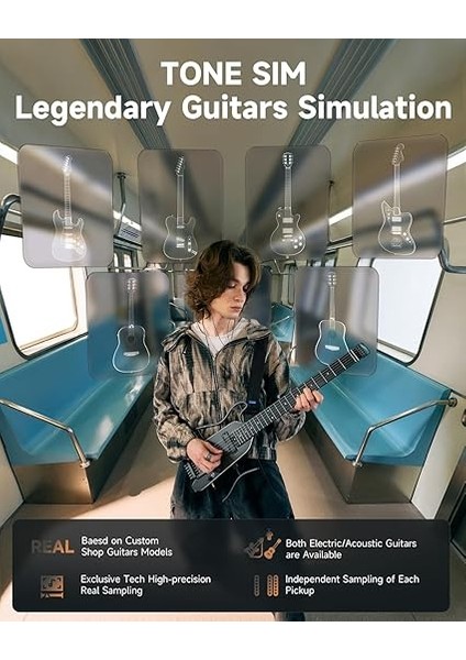 Hush x Pro Elektro Gitar Kiti, Düzinelerce Önceden Ayarlanmış Kombinasyonlu Akıllı Seyahat Gitarı, 7 Ton Sim Seçeneği, Siyah modelleri