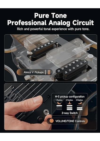 Hush x Pro Elektro Gitar Kiti, Düzinelerce Önceden Ayarlanmış Kombinasyonlu Akıllı Seyahat Gitarı, 7 Ton Sim Seçeneği, Siyah indirimleri