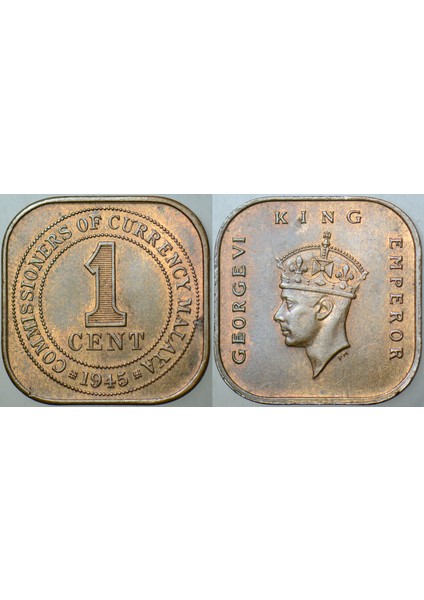 Malaya 1 Cent 1945 Kral 6. George Ingiliz Hakimiyeti. Çilaltı+