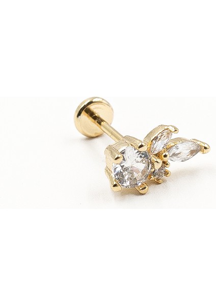 Çiçek Model Zirkon Taşlı Tragus Piercing – Gold | Anti Alerjik, Kararma Yapmaz, Düz Kapama