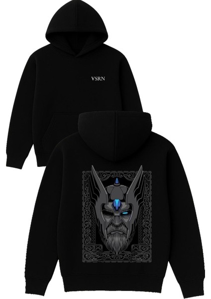 Odin Tasarım Baskılı Oversize Siyah Kapüşonlu Sweatshirt