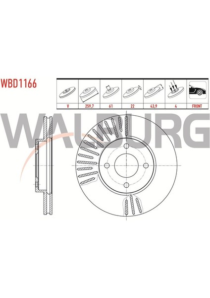 WALBURG-WBD1166 - Fren Dıskı On Havalı 4 Bjn 259,7×22×61×43,9 Nıssan Mıcra Iv (K13) 1.2 2010- / Mıcra Iv (K13) 1.2 Dıg 2010-