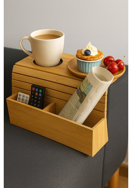 Doğal Bambu Kol Dayama Tepsisi – Bardaklıklı ve Organizer Gözlü Kanepe Yan Sehpa BR-6717