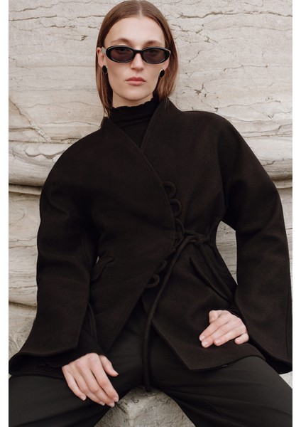 Aroa Bağlamalı Kaşe Ceket Siyah