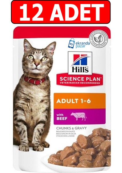 Hills Biftek Kedi Konservesi 12ADET Adult Yetişkin Kedi Yaş Maması Pouch