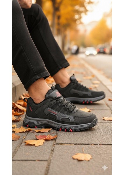 Erkek Su Geçirmez Ortopedik Outdoor Ayakkabı - Siyah Kırmızı