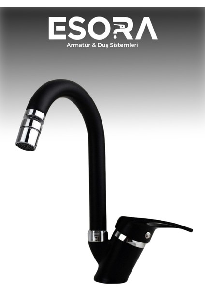 Siyah Baston Borulu Mix Lavabo Bataryası Çift Su Girişli Perletörlü Musluk Çeşme 2 Yıl Garanti