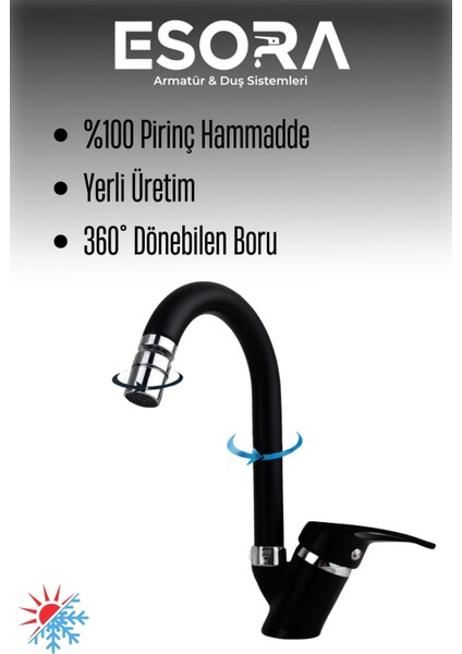 Siyah Baston Borulu Mix Lavabo Bataryası Çift Su Girişli Perletörlü Musluk Çeşme 2 Yıl Garanti modelleri