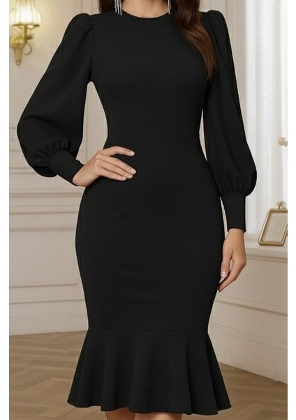 Kadın Uzun Kollu Yarı Balıkçı Yaka Etek Ucu Fırfır Detaylı Midi Ithal Krep Elbise fiyatları