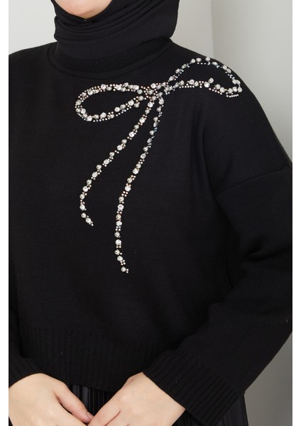 Fiyonk Detaylı Triko Taşlı Etek Üstü Crop Kazak modelleri