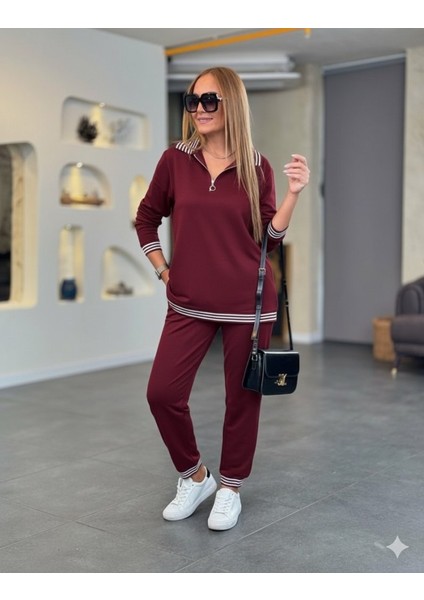 Kadın Uzun Kollu Fermuarlı Şerit Detay Desenli Alt Üst Ikili Viskon Iki Iplik Takım